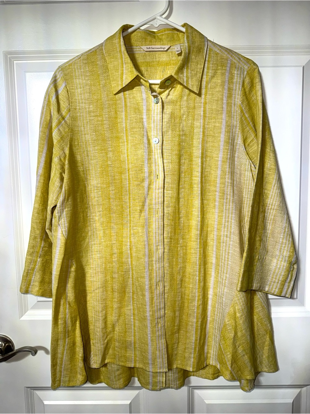 Soft Surroundings Yellow Striped Collar Shirt cotton/linen blend L